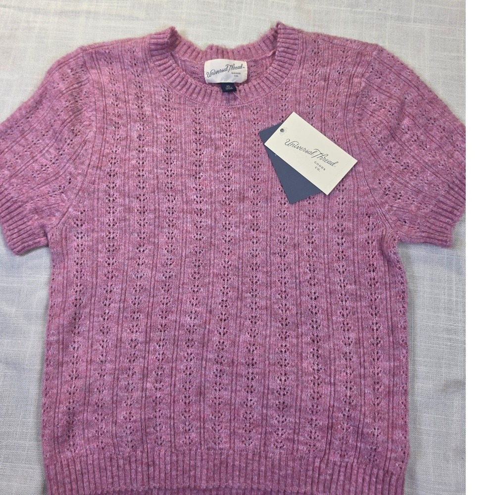 Universal Thread Womens Pink Pointelle Knit Short Sleeve Crewneck Sweater XS NEW
